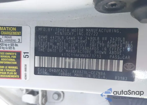 2022 Toyota Camry Le from USA, damaged, VIN 4T1C11AK9NU671713